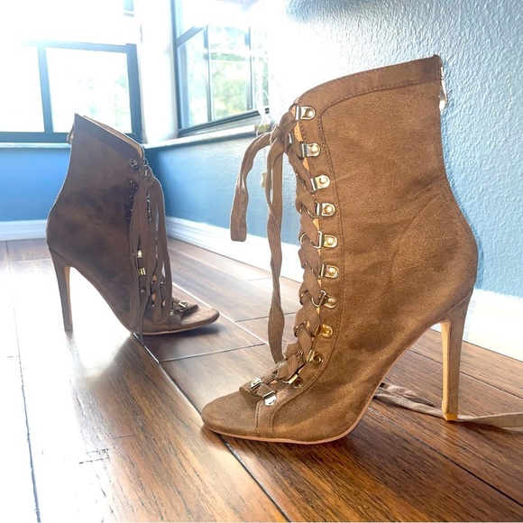 Taupe 🍁 Suede lace up heels fall heels stiletto pumps zipper heels - Picture 1 of 11